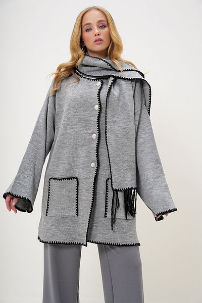 Trend Alaçatı Stili Women's Gray Double Pocket Shepherd's Stitching Detailed Oversize Cardigan and Scarf Suit Alc-X13221