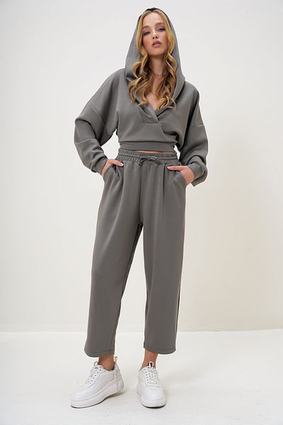 Trend Alaçatı Stili Khaki Double Breasted Collar Loose Fit Modal Suit - Hooded Alc-X13268