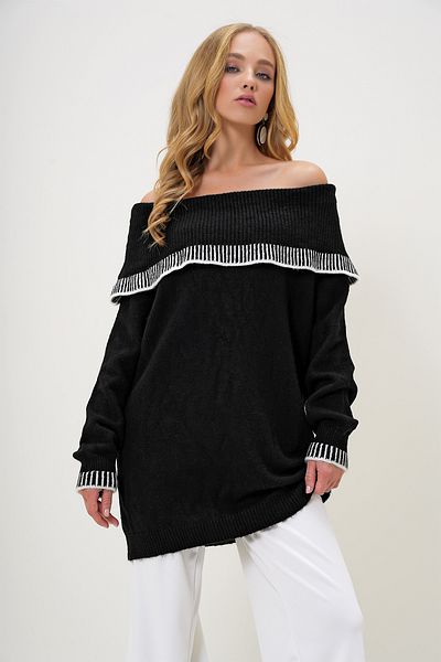 Trend Alaçatı Stili Black Madonna Collar Oversize Knitwear Sweater - Stripe Detail, Winter Alc-X13214