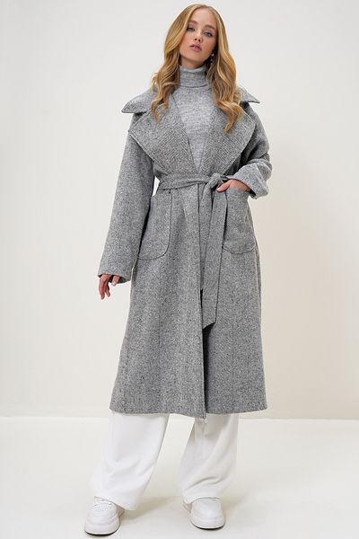 Trend Alaçatı Stili Gray-Purple Women's Cashew Coat - Bag Pocket, Lining and Belt Alc-X13274