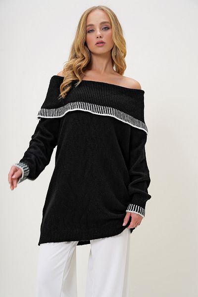 Trend Alaçatı Stili Black Madonna Collar Oversize Knitwear Sweater - Stripe Detail, Winter Alc-X13214