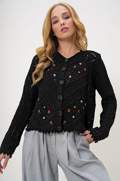 Trend Alaçatı Stili Cardigan de tricotaj nostalgic brodat cu gât negru pentru femei ALC-X9897