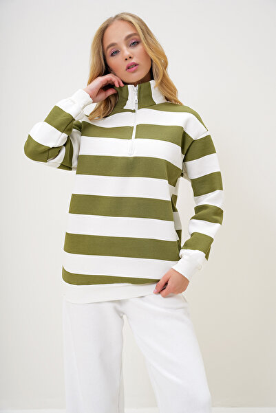 Trend Alaçatı Stili Γυναικείο χειμωνιάτικο φούτερ με ριγέ τριών κλωστών με λαιμόκοψη λαδιού ALC-X13239