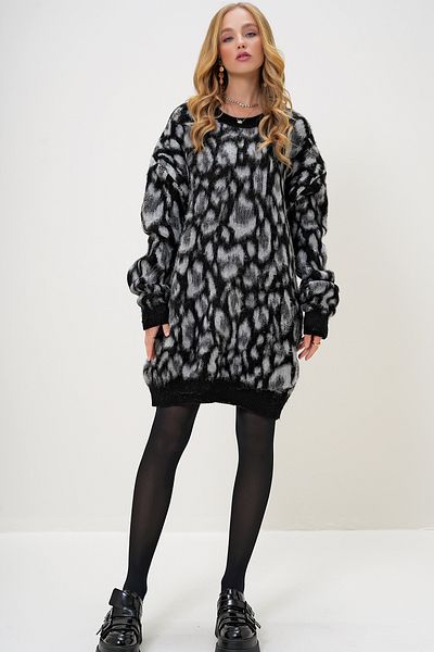 Trend Alaçatı Stili Black Patterned Crew Neck Oversize Knitwear Sweater - Alc-X13216