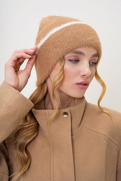 Trend Alaçatı Stili Damen-Strickmütze mit Milchkaffee-Streifen und detaillierten Federn ALC-X13257