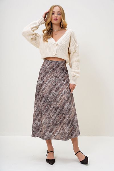 Trend Alaçatı Stili Kaffee-Ecru gemusterter Maxi-Satin-Rock – versteckter Taillengummi, ALC-X13265