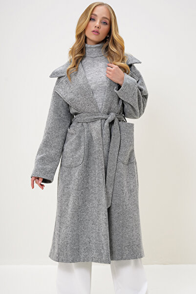 Trend Alaçatı Stili Gray-Purple Women's Cashew Coat - Bag Pocket, Lining and Belt Alc-X13274