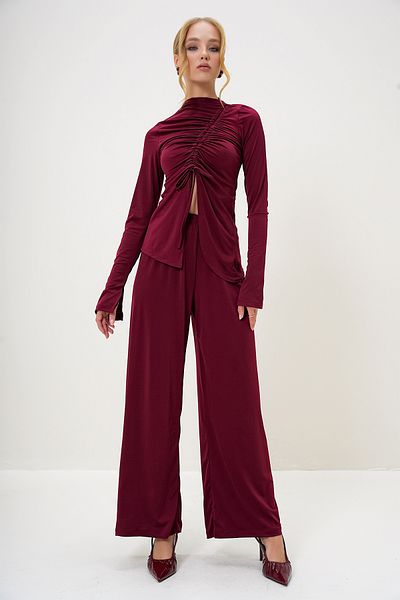 Trend Alaçatı Stili Burgundy Asymmetrical Cutout Sandy Pants and Blouse Set of Two - Stand Collar and Drawstring Detail Alc-X13187