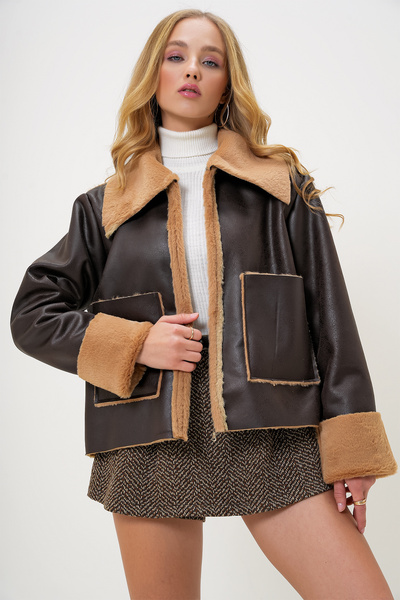 Trend Alaçatı Stili Women's Brown Shirt Collar Faux Leather Biker Winter Jacket with Plush Pockets Inside Alc-X13236