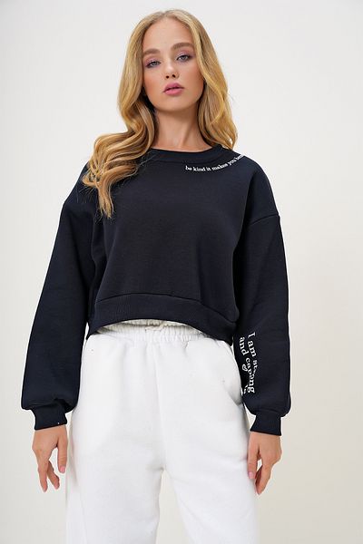 Trend Alaçatı Stili Schwarzes Damen-Sweatshirt mit Rundhalsausschnitt, Ärmeln und Kragen, detailliert bedruckt, drei Fäden, ALC-X13178