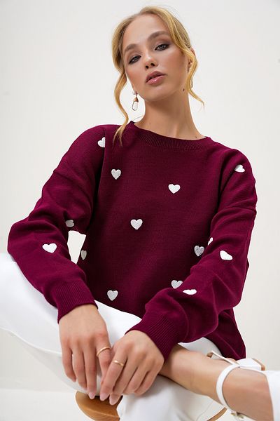 Trend Alaçatı Stili Pulover de damă, roșu Claret, cu decolteu rotund, brodat cu inimă, tricotaj gros de iarnă ALC-X13230