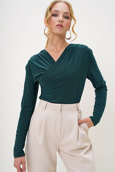 Trend Alaçatı Stili Emerald Green Draped Double Breasted Blouse - Alc-X13227