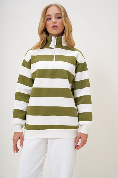 Trend Alaçatı Stili Damen-Winter-Sweatshirt mit Rollkragenpullover in Ölgrün, gestreift, drei Fäden, gerippt, ALC-X13239