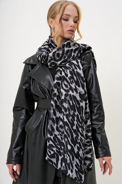 Trend Alaçatı Stili Schwarzer gewebter Schal mit Leopardenmuster für Damen ALC-X13250