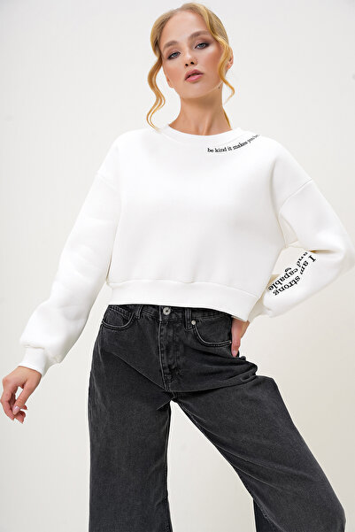 Trend Alaçatı Stili Γυναικείο φούτερ με λευκή στάμπα - Crew Neck, Raster, Three Thread ALC-X13178