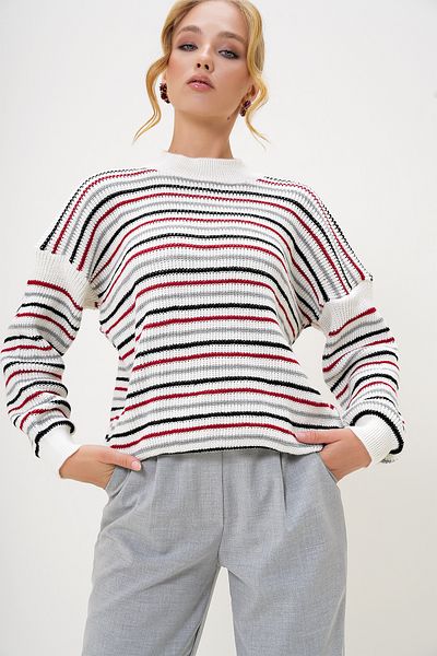 Trend Alaçatı Stili Women's Ecru Half Turtleneck Striped Knitwear Sweater Alc-X13176
