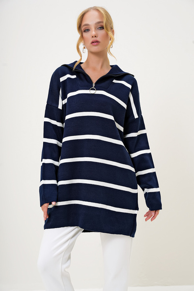 Trend Alaçatı Stili Női sötétkék garbós cipzáras részletes csíkos kötöttáru tunika ALC-X12985