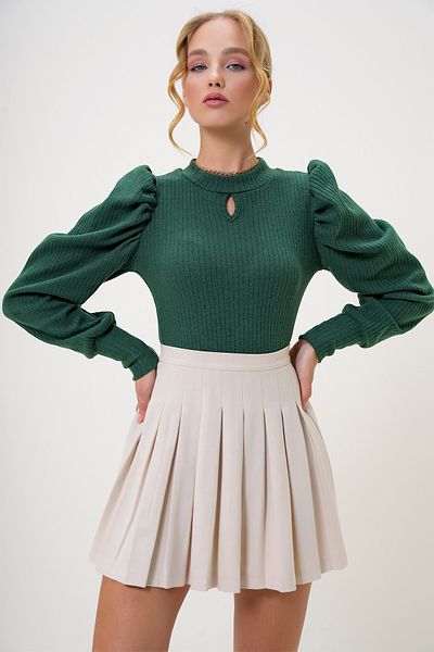 Trend Alaçatı Stili Women's Green Crew Neck Low-Cut Princess Sleeve Knitwear Blouse Alc-X13069