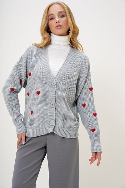 Trend Alaçatı Stili Women's Gray V-Neck Heart Embroidered Knitwear Cardigan Alc-X12982