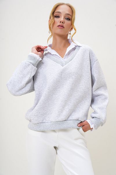 Trend Alaçatı Stili Women's Karmelange Shirt Garnished V Neck 3 Thread Raised Sweatshirt Alc-X13162