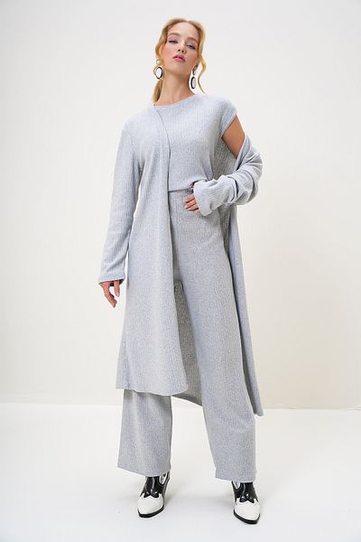 Trend Alaçatı Stili Women's Grimelange Shoulder Padded Crew Neck Blouse Trousers and Cardigan Set Alc-X4710-Rv