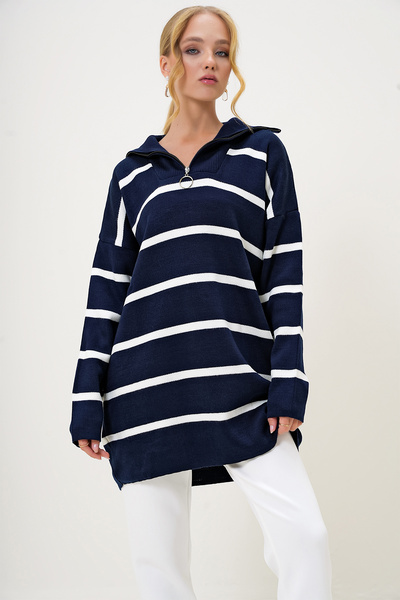 Trend Alaçatı Stili Női sötétkék garbós cipzáras részletes csíkos kötöttáru tunika ALC-X12985