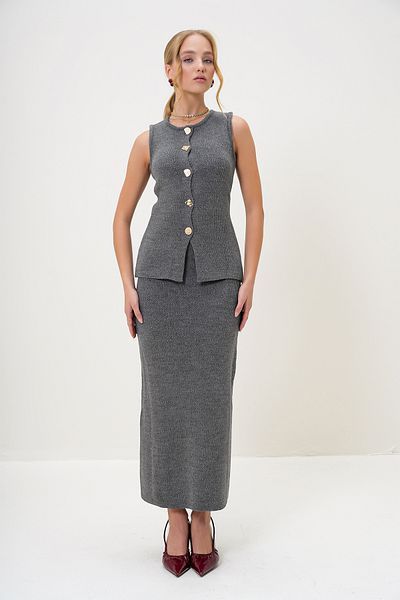 Trend Alaçatı Stili Women's Anthracite Gold Button Detailed Long Knitwear Vest and Skirt Set Alc-X13029