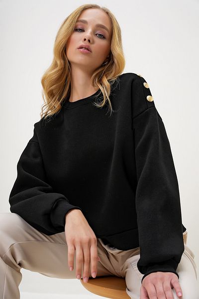 Trend Alaçatı Stili Schwarzes Damen-Sweatshirt – Rundhalsausschnitt, goldene Knopfdetails, drei Fäden, Raster ALC-X13179