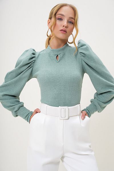 Trend Alaçatı Stili Mintfarbene Damen-Strickbluse – Rundhalsausschnitt, tief ausgeschnitten, Prinzessinnenärmel ALC-X13069