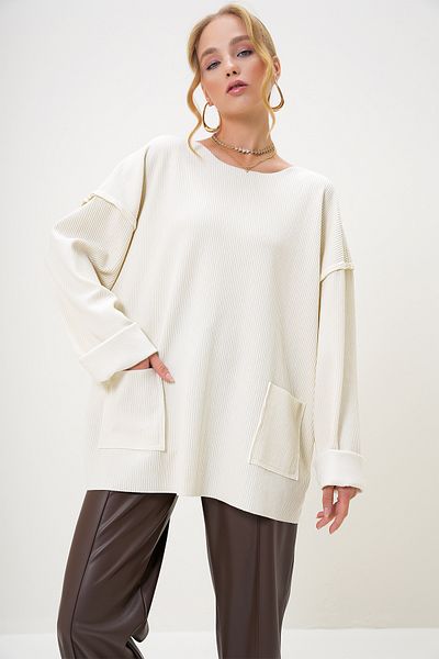 Trend Alaçatı Stili Pulover oversize pentru femei ecru - decolteu, cusătură inversă, detaliu buzunar, sezonier ALC-X12642