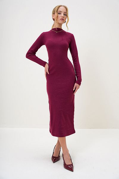 Trend Alaçatı Stili Women's Claret Red Crew Neck Long Sleeve Interlock Fabric Maxi Length Dress Alc-X13073