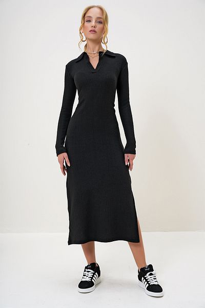 Trend Alaçatı Stili Women's Black Polo Neck Half Placket Side Slit Interlock Fabric Dress Alc-X13121