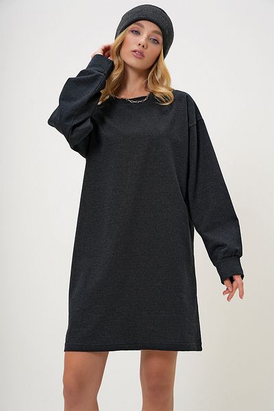 Trend Alaçatı Stili Women's Anthracite Crew Neck Sweatshirt Dress Alc-X13137