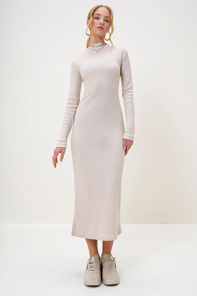 Trend Alaçatı Stili Women's Stone Crew Neck Long Sleeve Interlock Fabric Maxi Length Dress Alc-X13073
