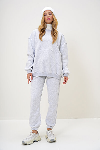 Trend Alaçatı Stili Kadın Grimelanj Bisiklet Yaka Oversize Sweatshırt  Ve Paçası Lastikli Eşofman Takım ALC-X13095