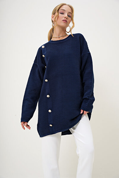 Trend Alaçatı Stili Kadın Lacivert Bisiklet Yaka Gold Düğme Detaylı Triko Kazak ALC-X12988