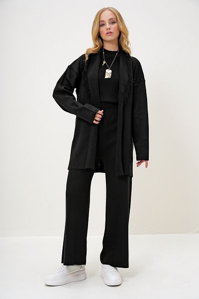 Trend Alaçatı Stili Black Tassel Detailed Shawl Neck Blouse and Palazzo Pants Set - Alc-X13157