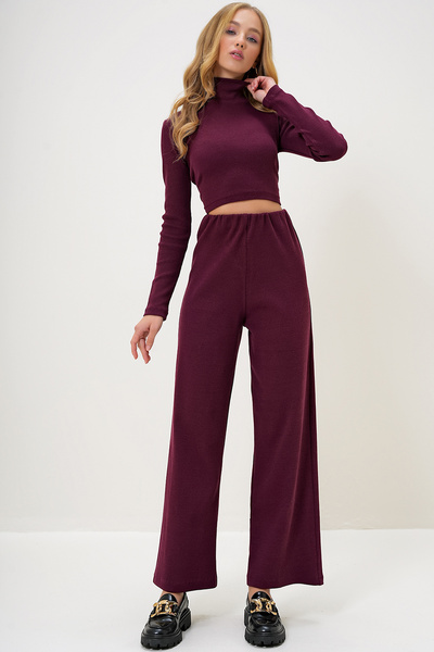 Trend Alaçatı Stili Női bordó állógallér Camisole Crop blúz és nadrág szett ALC-X13058