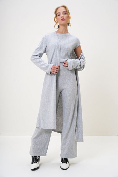 Trend Alaçatı Stili Women's Grimelange Shoulder Padded Crew Neck Blouse Trousers and Cardigan Set Alc-X4710-Rv