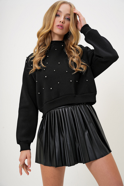 Trend Alaçatı Stili Γυναικείο φούτερ με μαύρο μαργαριτάρι - Crew Neck, Three Thread ALC-X13177