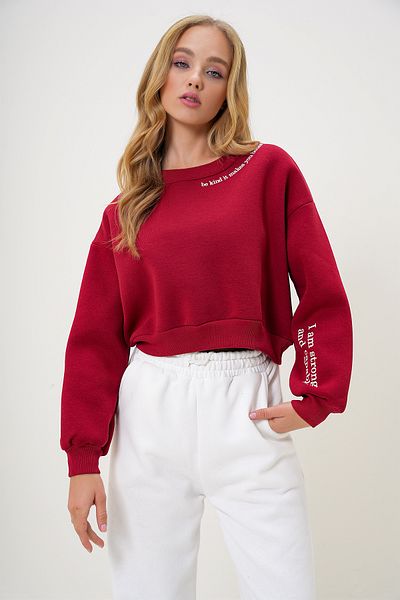 Trend Alaçatı Stili Burgunderfarbenes Damen-Sweatshirt – Rundhalsausschnitt, Ärmel und Revers bedruckt, drei Fäden, Raster ALC-X13178