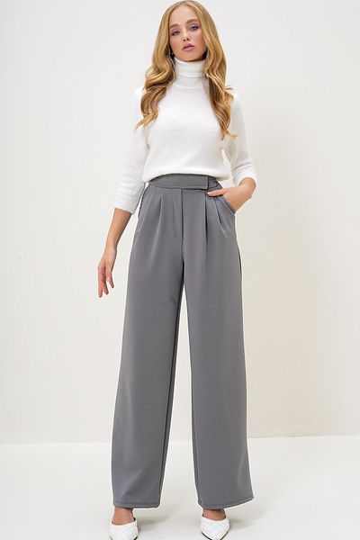 Trend Alaçatı Stili Graue Palazzo-Damenhose mit hoher Taille und doppelter Tasche – ALC-X10753