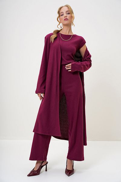 Trend Alaçatı Stili Claret Red Shoulder Padded Women's Set - Crew Neck Blouse, Trousers and Cardigan Alc-X4710-Rv