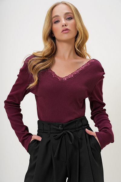 Trend Alaçatı Stili Women's Plum Back Front V Neck Lace Detail Blouse Alc-X11246