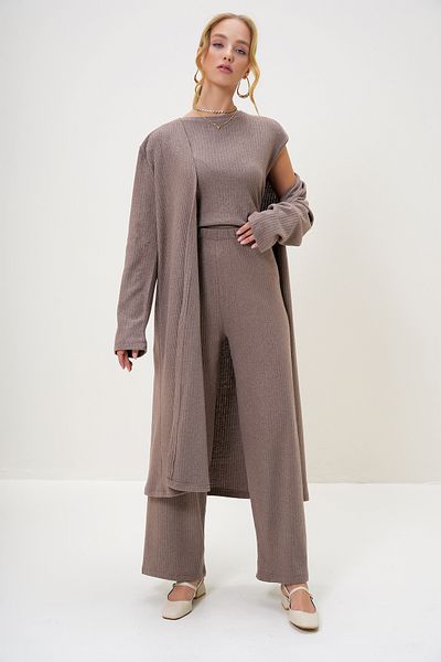 Trend Alaçatı Stili Damen-Set mit Nerz-Schulterpolsterung, Rundhalsausschnitt, Bluse, Hose und Strickjacke ALC-X4710-RV