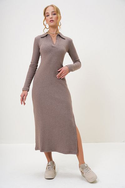 Trend Alaçatı Stili Polo Neck Half Placket Slit Women's Dress - Mink Interlock Alc-X13121