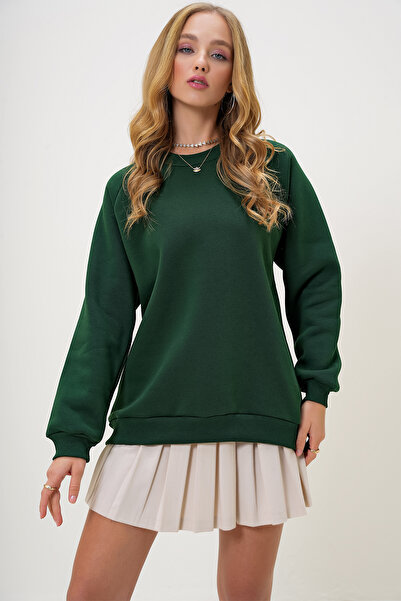 Trend Alaçatı Stili Zelená mikina pro ženy – výstřih, raglánový rukáv, třívláknový rastr Alc-X13180