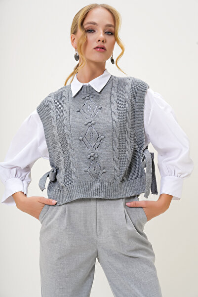 Trend Alaçatı Stili Women's Gray Crew Neck Side Tie Knitwear Sweater Alc-X12978