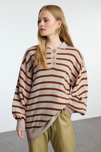 Trendyol Modest Pulover tricot cu gât polo cu dungi cu mânecă cu balon TCTAW25AK00010
