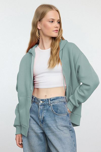 Trendyol Collection Mint Oversize/Wide Fit Fleece na zip uvnitř Pletená mikina Twoaw21Sw0840